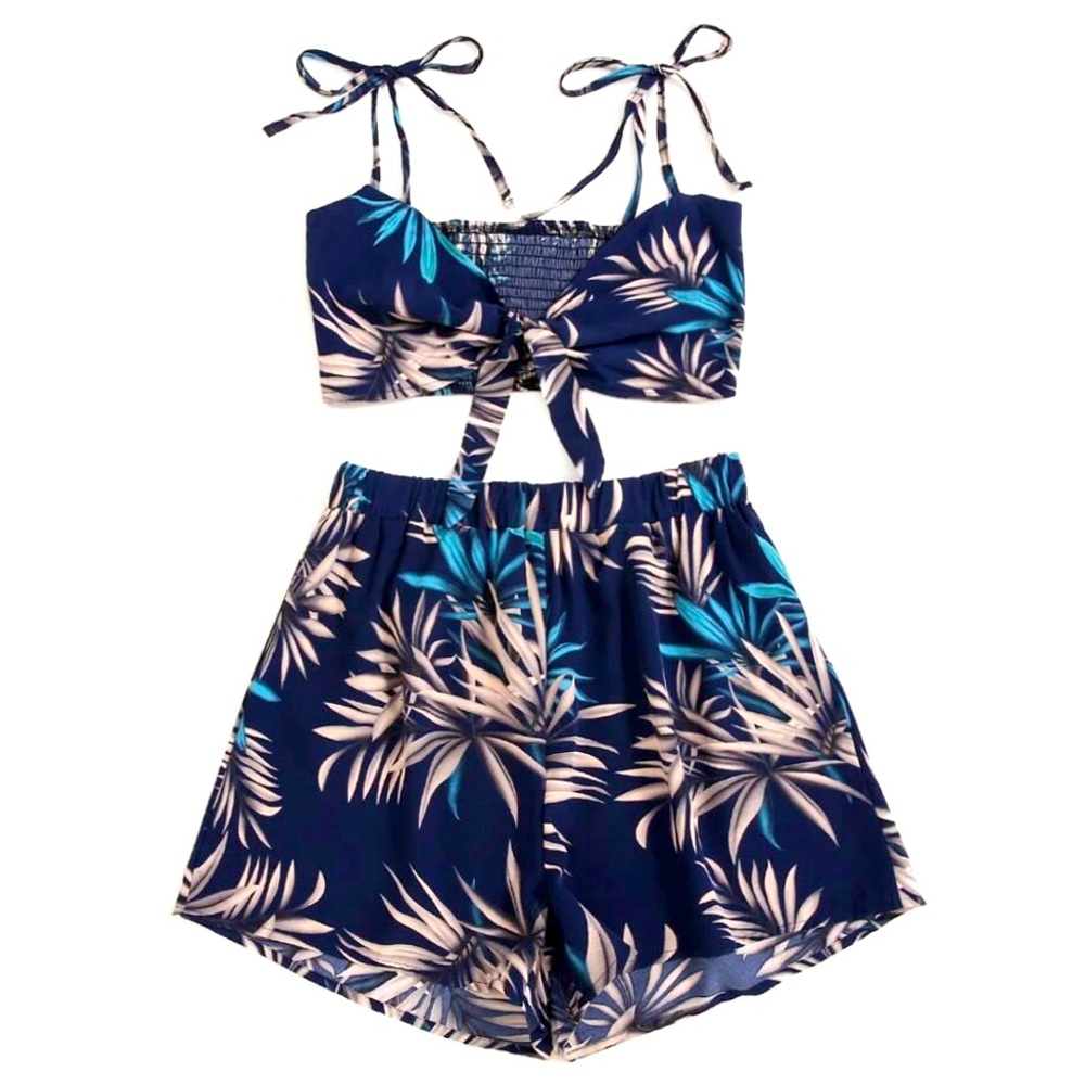 Leaf Print Knot Shirred Cami Top & Shorts